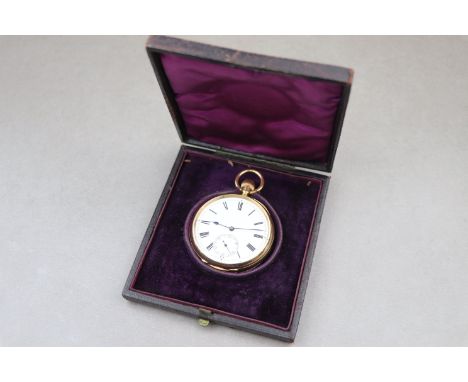 18ct yellow gold open face top wind pocket watch, white enamel dial and subsidiary seconds dial (hairline cracks) black Roman