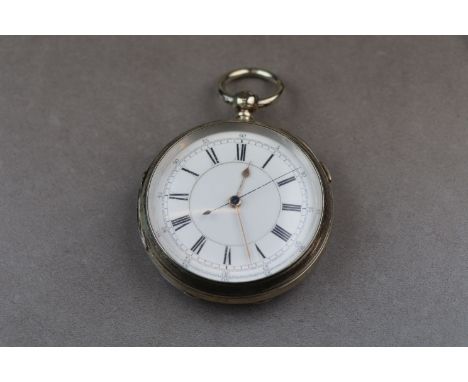 Victorian silver open face centre seconds chronograph top wind pocket watch, white enamel dial, black Roman numerals and minu