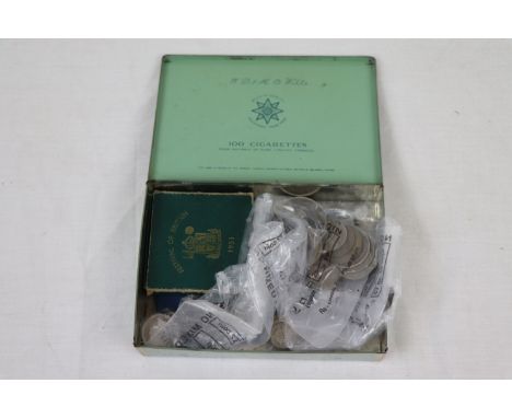 Cigarette tin of vintage UK & World coinage to include 1889 Victorian Silver Crown
