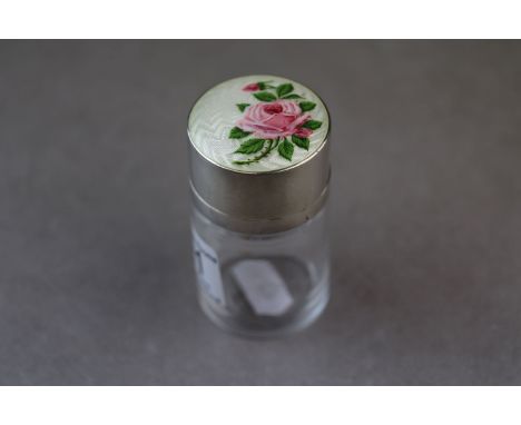 An early George V enamelled silver topped scent bottle, the cream guilloche enamel silver lid with painted cabbage rose desig