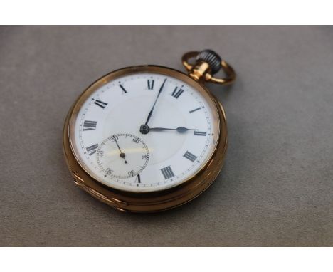 George V 9ct yellow gold open face top wind pocket watch, white enamel dial and subsidiary seconds dial, black Roman numerals