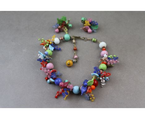 Vintage Murano multi-colour metallic glass bird cluster necklace and matching earrings, the necklace comprising seven cluster