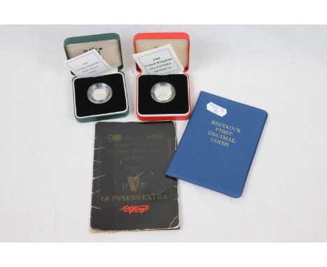 Cased Royal Mint Piedfort Silver £1 Pound coin 1989 & Five Pence 1990, a set of Britain's First Decimal Coins & a carded Guin