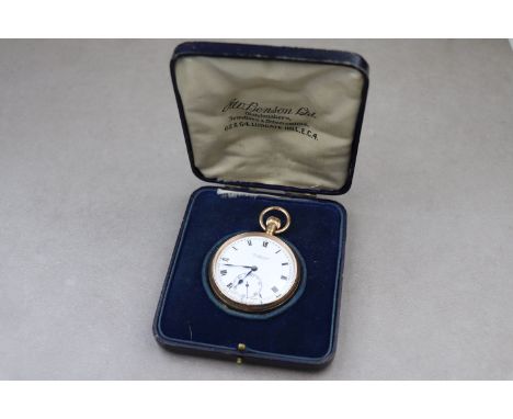 J.W. Benson 9ct yellow gold full hunter top wind pocket watch, signed white enamel dial and subsidiary seconds dial, black Ro