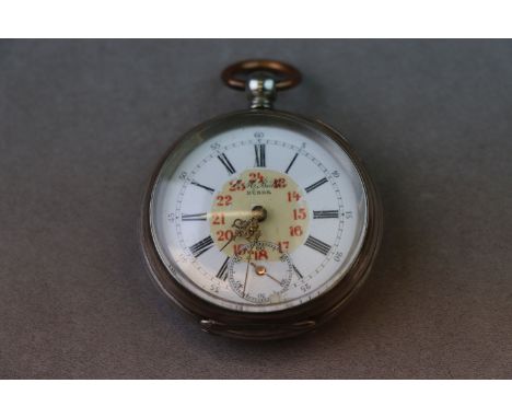 Continental silver open face key wind pocket watch, white enamel dial and subsidiary seconds dial, signed E H Bultke, black R