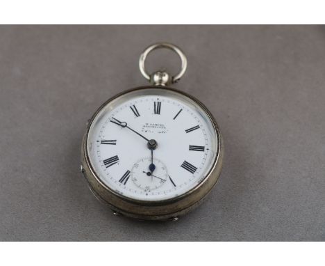 George V silver open face key wind pocket watch, white enamel dial and subsidiary seconds dial signed H Samuel Manchester, bl