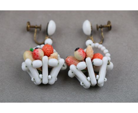 A pair of vintage Murano glass fruit basket drop earrings circa 1930s, white glass bead fruit basket containing berries and f