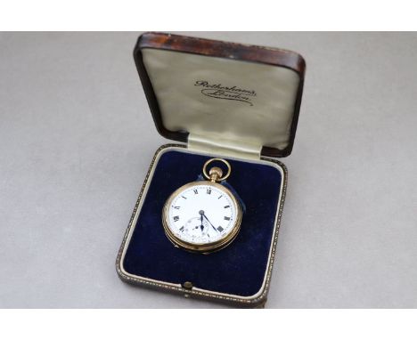 George V 9ct yellow gold open face top wind pocket watch, white enamel dial and subsidiary seconds dial, black Roman numerals