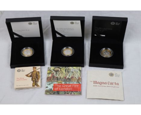 Three Royal Mint cased Silver Proof £2 pounds coins to include; 2015 Magna Carta 800th Anniversary, 2016 Shoulder to Shoulder