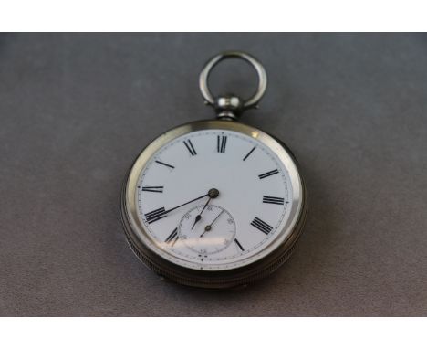 Swiss silver open face key wind pocket watch, white enamel dial and subsidiary seconds dial, black Roman numerals and minute 