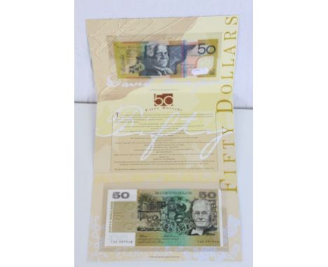 Two uncirculated Australian 50 Dollars banknotes to include first polymer run and last paper run issues