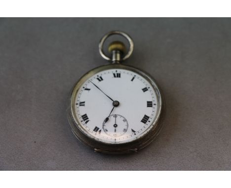 Early 20th century small silver open face top wind pocket watch, white enamel dial and subsidiary seconds dial, black Roman n