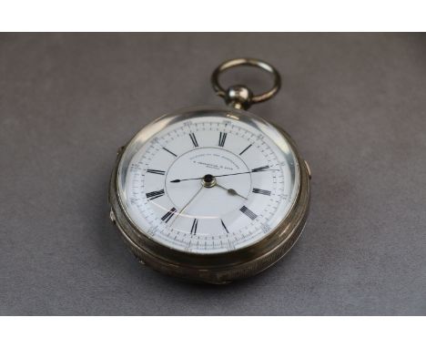 Late Victorian silver open face centre seconds chronograph key wind pocket watch, white enamel dial, black Roman numerals and