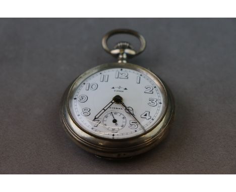 Eterna continental silver open face top wind pocket watch, white enamel dial and subsidiary seconds dial, white and black Ara