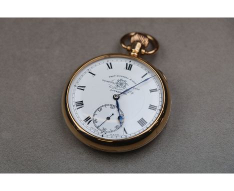 George V Thomas Russel & Son Tempus Fugit yellow gold open faced top wind pocket watch, signed white enamel dial and subsidia