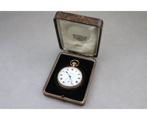 George V 9ct rose gold open face top wind pocket watch, white enamel dial and subsidiary seconds dial signed Russell Woking, 