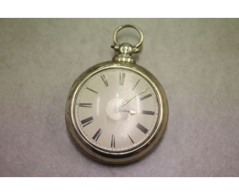 Early Victorian silver pair case key wind fusee pocket watch, cream enamel dial with black Roman numerals and minute track, s