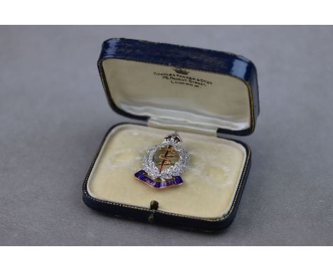 Royal Army Medical Corps diamond and enamelled yellow gold and white gold sweetheart brooch, red enamelled and rose cut diamo