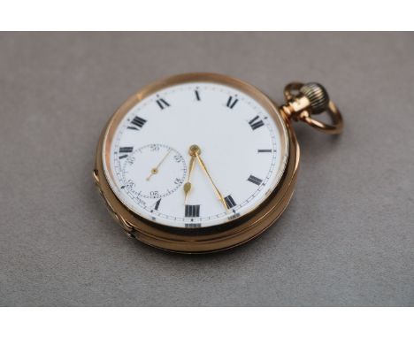 Early George V 9ct yellow gold open face top wind pocket watch, signed white enamel dial and subsidiary seconds dial, black R