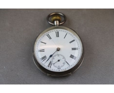 Swiss silver open face top wind small pocket watch, white enamel dial and subsidiary seconds dial, (dials cracked) black Roma