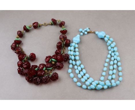 Art Deco American Bakelite flower bud cluster necklace, red petal flower buds with green tops suspended from chain, matching 