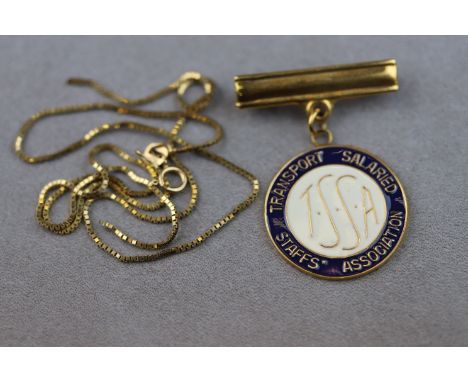 9ct Gold & Enamel "Transport Salaried Staffs Association" outstanding service badge 1980's & a broken 9ct Gold box link neckl