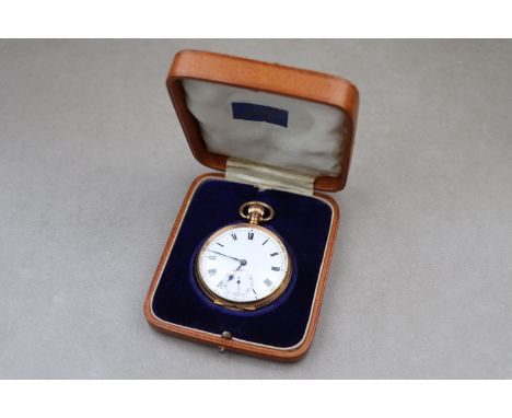 George V 9ct yellow gold open face top wind pocket watch, white enamel dial and subsidiary seconds dial, black Roman numerals