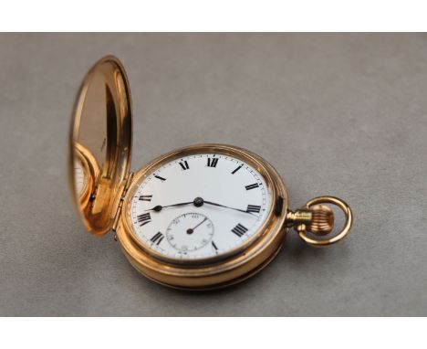 George V 9ct rose gold full hunter top wind pocket watch,white enamel dial and subsidiary seconds dial, black Roman numerals 