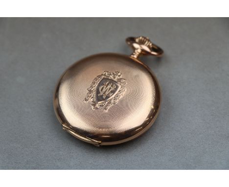 14ct rose gold full hunter top wind pocket watch, white enamel dial and subsidiary seconds dial, black Arabic numerals and mi