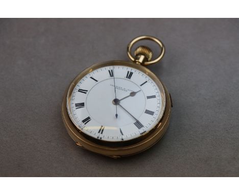 Early George V 18ct yellow gold centre seconds open face top wind pocket watch, white enamel dial signed Charles E Rose Halif