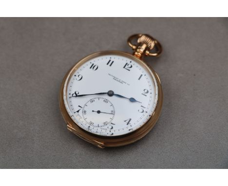 George V 9ct yellow gold open face top wind pocket watch, white enamel dial and subsidiary seconds dial signed Pattorini & So