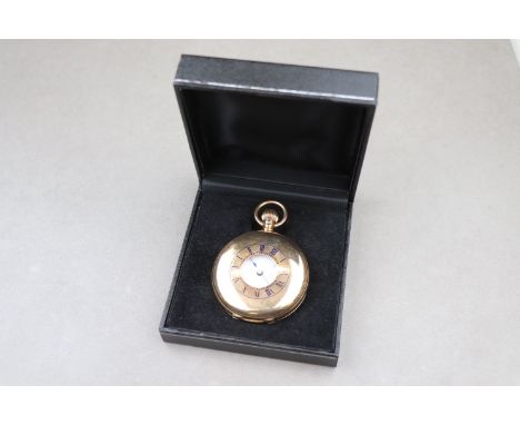 Edwardian 9ct yellow gold half hunter top wind pocket watch, white enamel dial and subsidiary seconds dial, black Roman numer