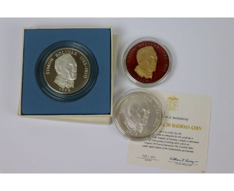 Three Panama 20 Balboas Silver coins, all 1974 to include boxed proof with Certificate and an Enamel example
