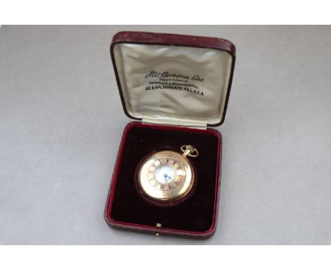 Early George V J.W. Benson 9ct yellow gold half hunter top wind pocket watch, signed white enamel dial and subsidiary seconds