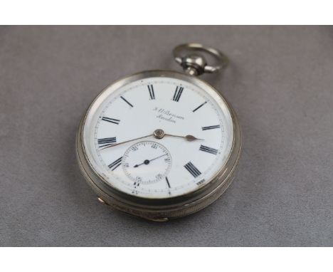 Victorian J. W. Benson silver open face key wind pocket watch, white enamel dial and subsidiary seconds dial, signed, black R