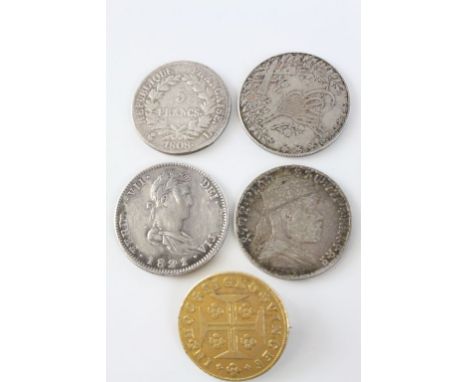 Four vintage Silver coins to include; Spanish, French & Turkish & a Yellow metal brooch mounted coin dated 1750