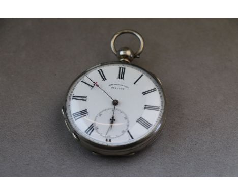White metal open face key wind pocket watch, white enamel dial and subsidiary seconds dial, black Roman numerals and minute t