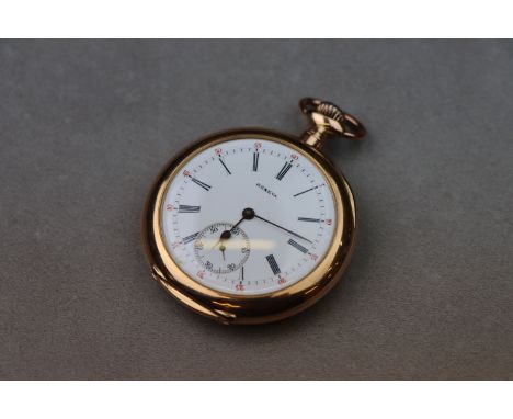 Swiss 18ct rose gold open face top wind pocket watch, white enamel dial and subsidiary seconds dial, black Roman numerals and