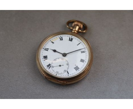 A 9ct carat gold plated pocket watch, white enamel dial  and subsidiary dial, black Roman numerals, black poker hands in Denn