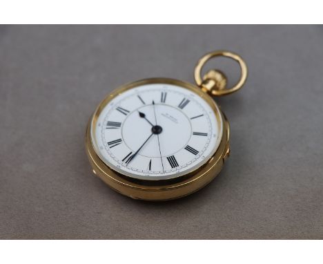 18ct yellow gold open centre seconds face top wind pocket watch, white enamel dial signed M. Beal Sheffield, black Roman nume