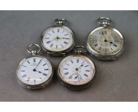 Four silver pocket watches comprising a small silver open faced pocket watch, white enamelled face signed F. Meeks & Co No.8 