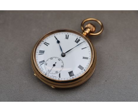 George V 9ct yellow gold open face top wind pocket watch, white enamel dial and subsidiary seconds dial (hairline cracks) bla