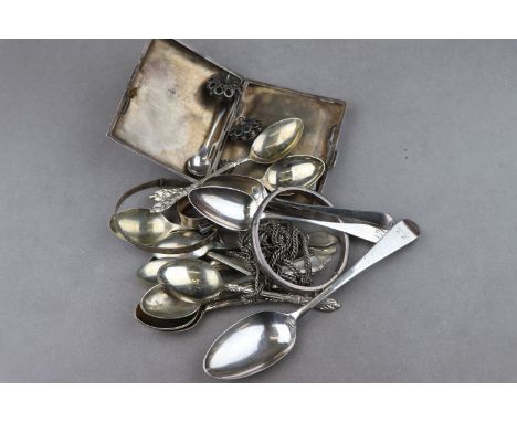 A Georgian silver spoon together with two Georgian silver teaspoons, a hinged silver bangle, a silver Christening bangle, a s