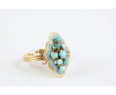 Turquoise and enamelled 18ct yellow gold scallop edge marquise ring, the centre diamond formation comprising eight claw set r