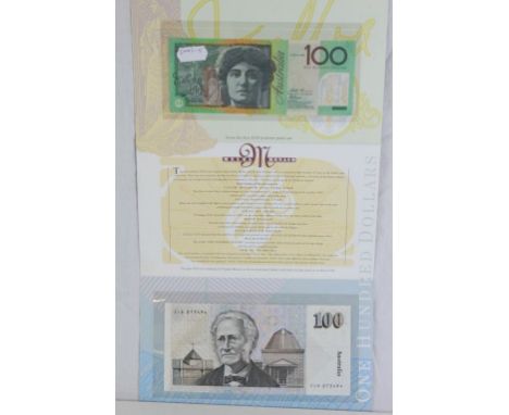 Uncirculated Australian Melba Monash two banknote set comprising 100 Dollars first polymer print run 1996 and last paper 100 