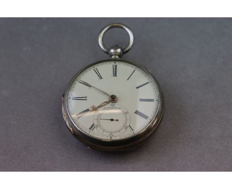 Victorian silver open face key wind pocket watch, cream enamel dial and subsidiary seconds dial, black Roman numerals and min