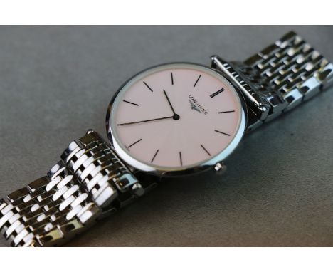 Gents Longines La Grande Classique stainless steel wristwatch 33176054 with pale salmon pink guilloche enamel dial, black bat