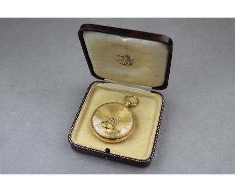 Victorian 18ct yellow gold open face top wind fusee pocket watch, gilt engine turned dial and subsidiary seconds dial, gold R