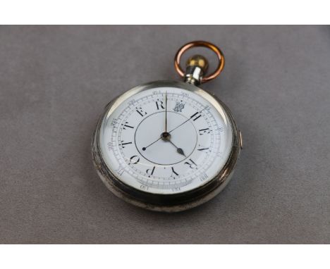 Victorian silver open face centre seconds chronograph top wind pocket watch, white enamel dial with black Arabic numerals to 