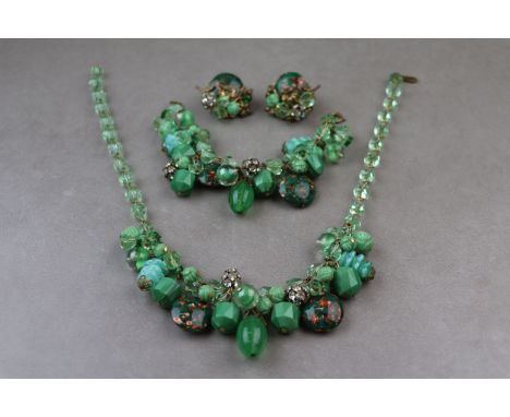 Vintage Venetian glass jewellery suite in the style of Miriam Haskell, comprising necklace, bracelet and clip on earrings, ma